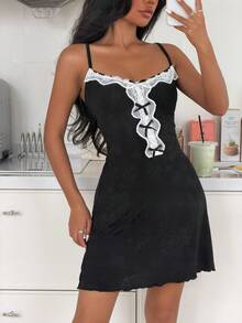 ZzzCrew Sexy Fitted Jacquard Contrast Lace Women Camisole Nightgown - Black - View 3