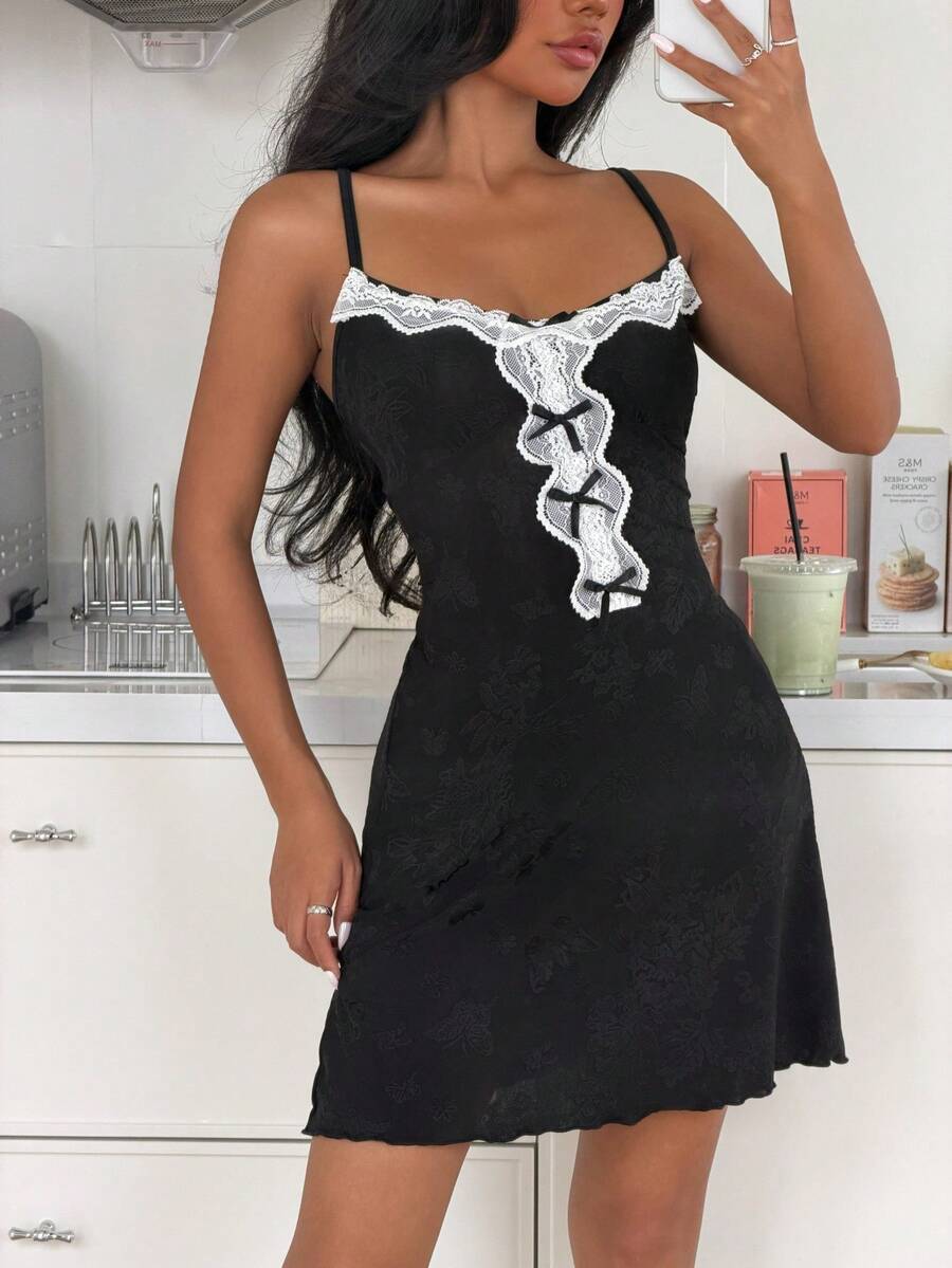 ZzzCrew Sexy Fitted Jacquard Contrast Lace Women Camisole Nightgown Sexy Maid Outfit Sexy Sleep Dress - Black - View 1