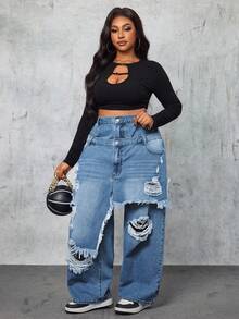 Slaydiva Plus Size Women Distressed Waistband Wide Leg Loose Fit Jeans - Blue - View 6