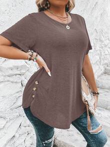 SHEIN Clasi تي شيرت قصير الأكمام بلون أحادي للمقاسات الكبيرة، صيفي - كاكي - مشاهدة 5
