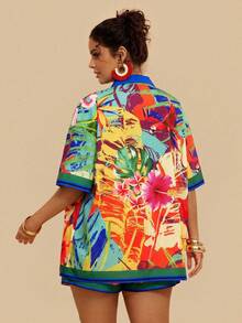 Travachic Bộ đồ hè cỡ lớn dành cho nữ, gồm áo và quần short in họa tiết nhiệt đới, áo kimono tay ngắn dáng rộng, quần short cạp chun. - Xanh đậm - Xem 2