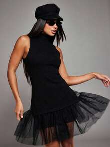 NYA SZN Dress Mini Length Sleeveless Turtleneck Fitted Bodycon Knit Knitwear Mesh Skirt Grey Black Holiday Festival Special Occasion Event Luxury Elegant Party Mini Length Outfits For Women - Black - View 3