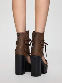 ROMWE Goth Women's New Fashion Platform Lightweight High Heel Hollow Lace-Up Retro Roman Sandals, Black/Brown Ankle Boots And Open-Toe Booties - Mocha Brown - View 6