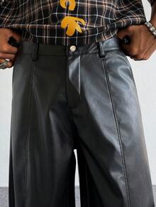 PAVTROS 男士休闲斜插口袋PU皮阔腿裤 - 黑色 - 查看 6