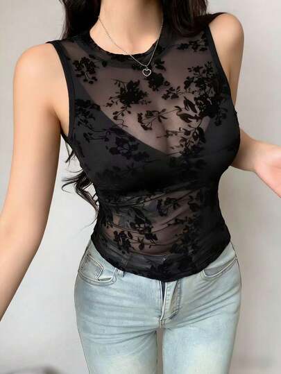 DAZY Women's Slim Fit Sheer Lace Crew Neck Pullover Top