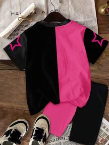 Bộ 2 món dành cho bé gái, phong cách thường ngày, nhiều màu sắc, in hình nhóm nhạc nữ K-POP, chữ cái và ngôi sao, số 67 cá nhân hóa, áo thun cổ tròn tay ngắn và quần short, thích hợp cho mùa hè, hoạt động ngoài trời và kỳ nghỉ. - Nhiều màu - Xem 3