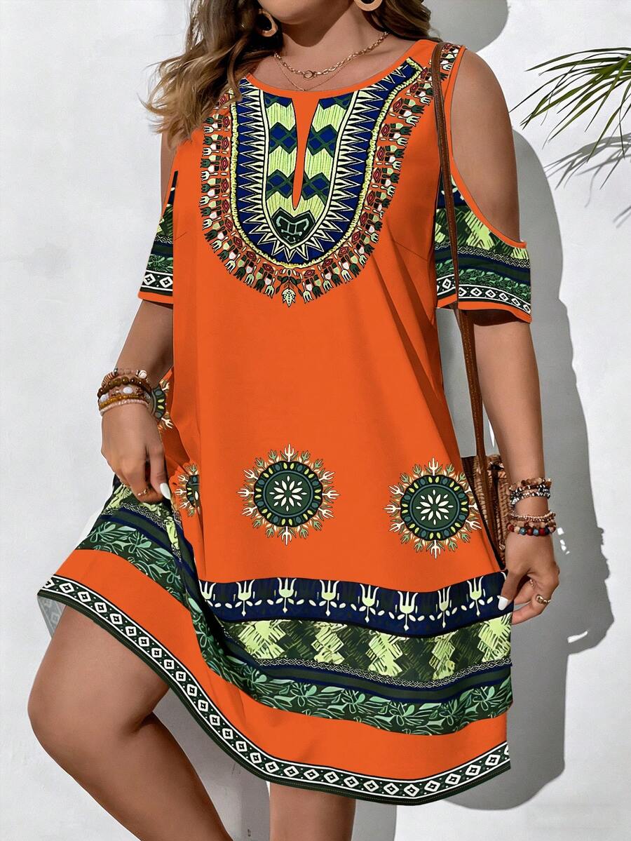 EMERY ROSE Plus Size Geometric Print Off-Shoulder Casual Vacation Dress - Orange - View 1
