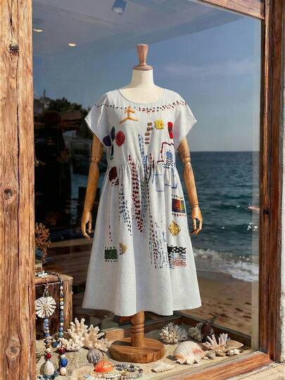 EMERY ROSE 大码彩色印花休闲度假连衣裙