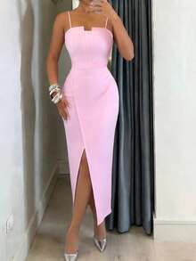 SHEIN Raffinéa 女士新款修身无袖心形领口收腰开衩下摆中长连衣裙 - 粉色 - 查看 3