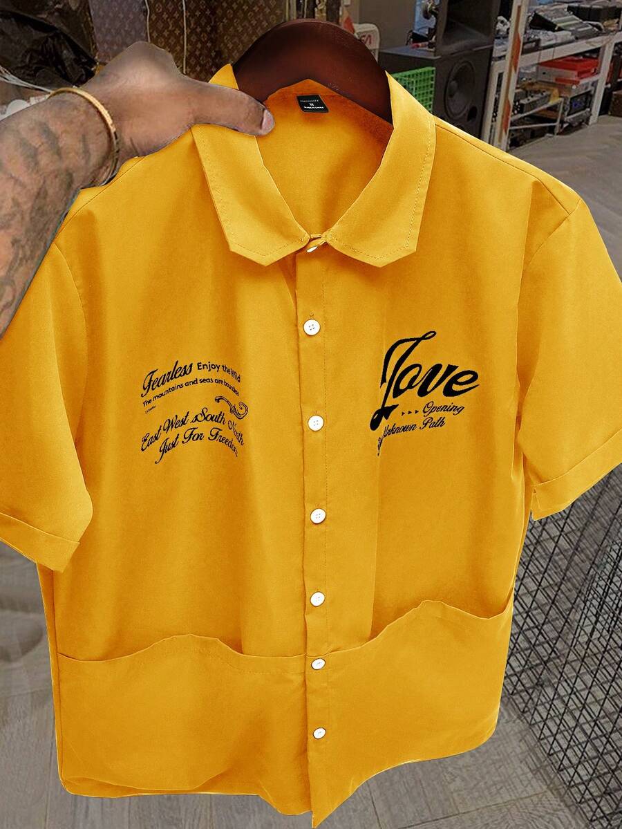 Manfinity EZcore 男士时尚休闲短袖衬衫，口袋设计，宽松版型，适合通勤、户外活动、大学校园、节日礼物等多种场合。 - 黃色 - 查看 1