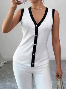 Selianne Áo tank top dệt kim ôm dáng, cổ chữ V, phối màu đen trắng, cài cúc, dành cho nữ, thích hợp cho mùa xuân/hè. - Đen và trắng - Xem 3