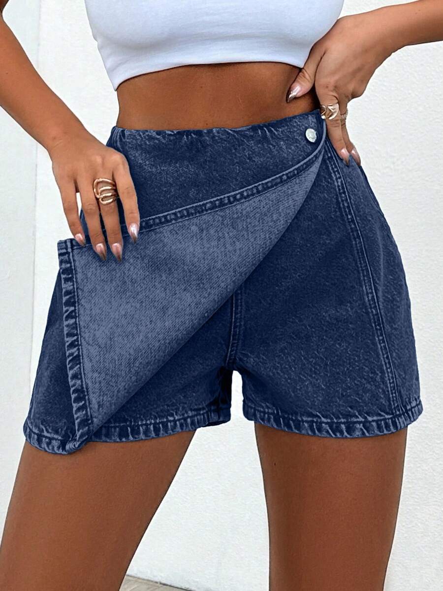 EURMUSE Jupe-short en jean d'été 100% coton pour femmes avec recouvrement avant - Jean brut - Voir 1