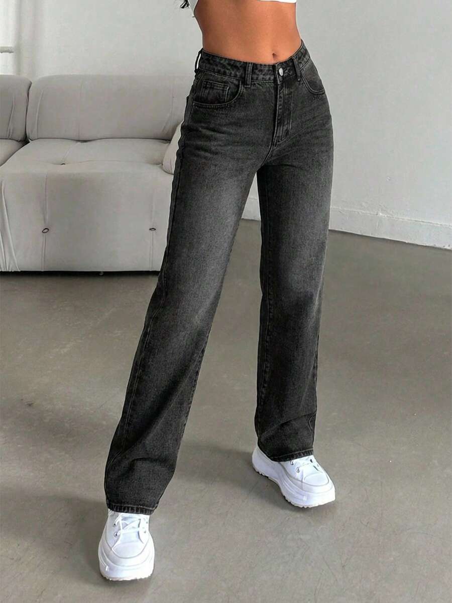 SHEIN Tall 女士口袋宽松阔腿休闲百搭牛仔裤 - 深灰色 - 查看 1