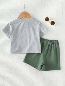 SHEIN Bộ áo thun ngắn tay in hình động vật hoạt hình dành cho bé trai - Nhiều màu - Xem 2