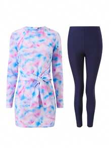 Swim Shayni Tie-Dye Strap Round Neck Long Sleeve Asymmetrical Print Women's Burkini Two Pieces Set - Multicolor - View 5