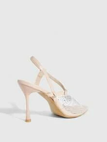 CUCCOO SZL 女士春夏尖头细高跟杏色透明水钻性感时尚华丽后踝带裙摆宴会派对夜店女士高跟凉鞋露趾凉鞋 - 米色 - 查看 3