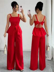 Elenzga Elegant Urban Chic New Women's Red Spaghetti Strap Bow Tie Waist Top And Wide Leg Pants Set, Suitable For Daily Wear, Weddings, Galas, Commuting, Graduation Parties, Holidays, Vacations, Dates, Parties, Halloween, Christmas, New Year, Thanksgiving - Red - View 1