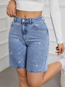 SHEIN Tall 夏季高个女士派对、休闲、假日、度假闪亮水钻设计水钻装饰口袋修身时尚牛仔短裤 - 中等水洗藍 - 查看 7