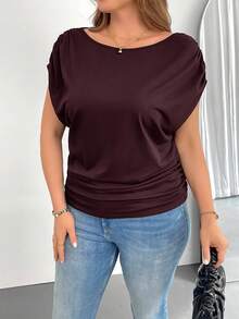 SHEIN Essnce Plus Size Women's Spring And Summer Fashion Casual Loose And Comfortable Daily Versatile Slim Black Off-Shoulder Short-Sleeved T-Shirt, Simple Style,Work Tops,European Summer,Off The Shoulder Top,Church Clothes For Women,Teacher Clothers - Brown - View 5