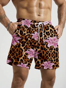 Manfinity Swimmode 男士豹纹花卉印花抽绳腰宽松沙滩短裤，带侧袋，夏季 - 彩色 - 查看 3