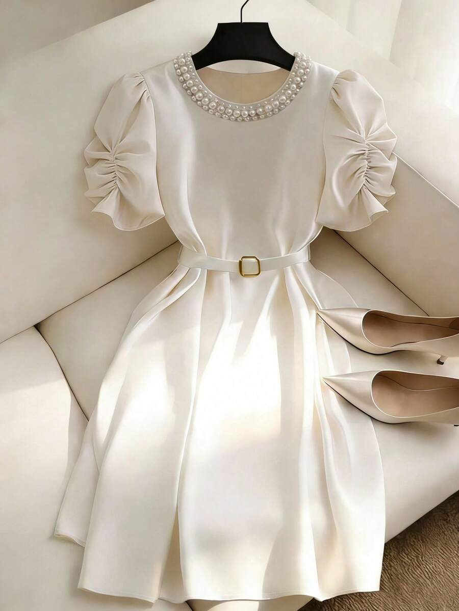 Franclia Women's Round Neck Short Sleeve Ruched Elegant Pearl Decor Mid-Length Dress - White - View 1