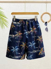 SHEIN 青少年男童弹力腰带椰子树印花休闲度假泳裤 - 彩色 - 查看 1