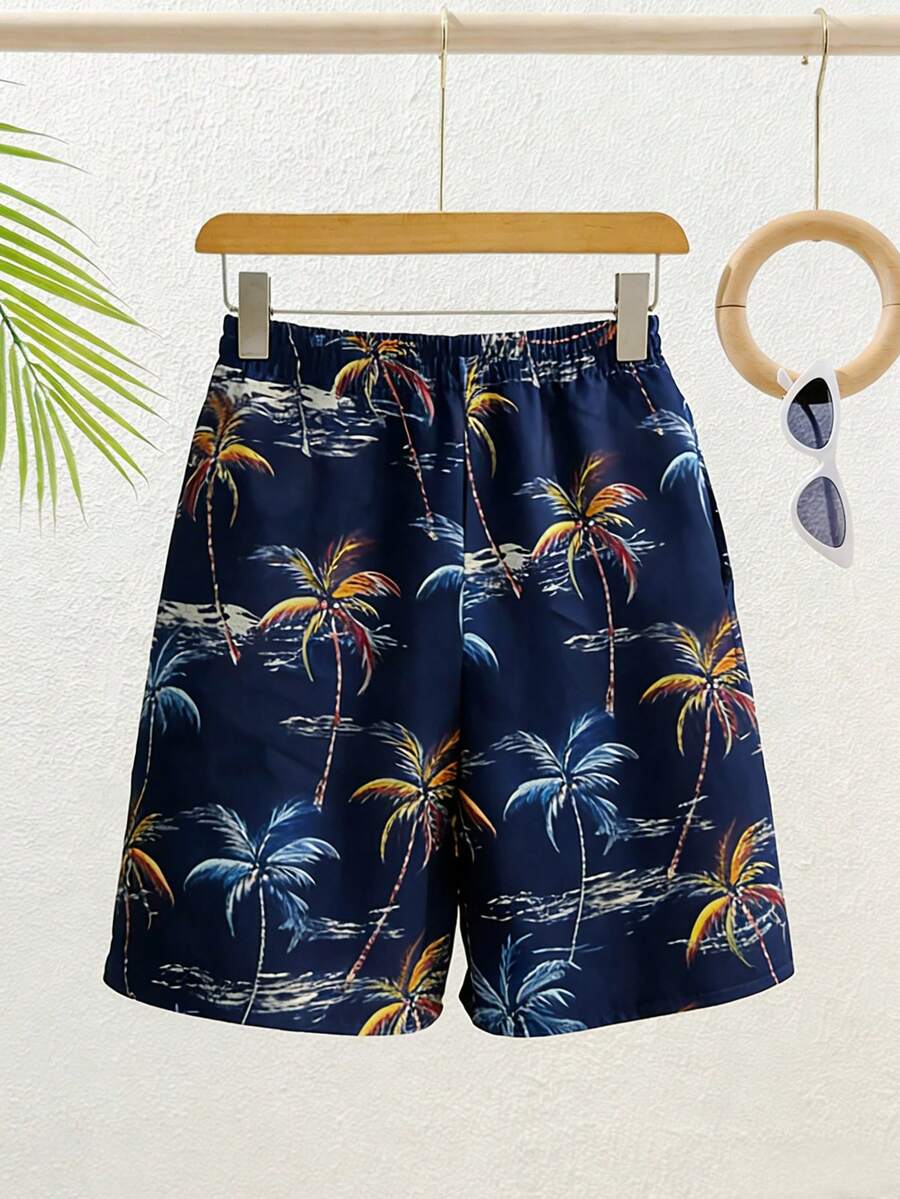SHEIN 青少年男童弹力腰带椰子树印花休闲度假泳裤 - 彩色 - 查看 1