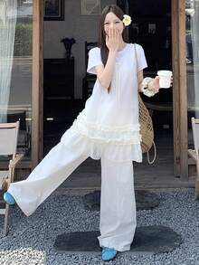 DAZY Đầm ngắn không tay cổ tròn buộc dây, viền bèo nhún, phối nhiều mảnh vải, kiểu dáng giản dị và thanh lịch dành cho nữ, thích hợp cho mùa hè. - trắng - Xem 3