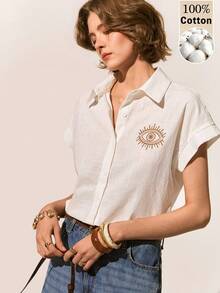 Poéselle 女士棉质衬衫，绣有邪眼图案，亚麻混纺短款衬衫；女士短袖纽扣夏季衬衫，饰有邪眼图案；白色短款衬衫；刺绣衬衫；纽扣开襟；波西米亚风夏季上衣；宽松短款衬衫；简约美学；休闲时尚衬衫，眼睛印花，纽扣前襟，休闲百搭短袖衬衫 - 白色 - 查看 2