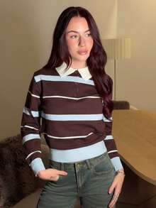 Abrilcols Women's Autumn/Winter Collegiate Style Polo Collar Contrast Striped Brown And Blue Loose Knit Sweater,Brown Sweater,Fall - Multicolor - View 6