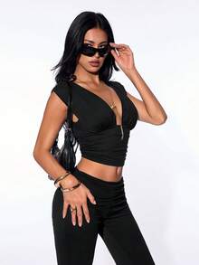 SHEIN ICON 2026 New Arrive 2pcs Women Y2k Black Solid Color Hooded Top And Pants Set,Spring/Summer - Black - View 6