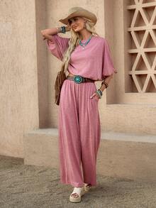 Wildy BOHO American Casual Western Country Retro Women Spring/Summer Basic Outfit Casual Wear Commute Pocket Short Sleeve T-Shirt And Pants 2 Pieces Set - Dusty Pink - View 4
