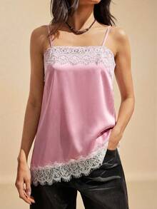 Easelle Áo hai dây nữ kiểu vintage phối màu tương phản, vạt áo bất đối xứng, chất liệu ren, thích hợp cho các bữa tiệc mùa hè và ngày Valentine. - Hồng - Xem 5