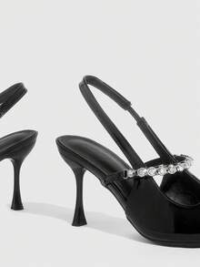 CUCCOO SZL Women's Pointed Toe Black Patent Leather Thin Heel Rhinestone Chain Strap Backless Sexy Fashion Date Night High Heels - Black - View 6