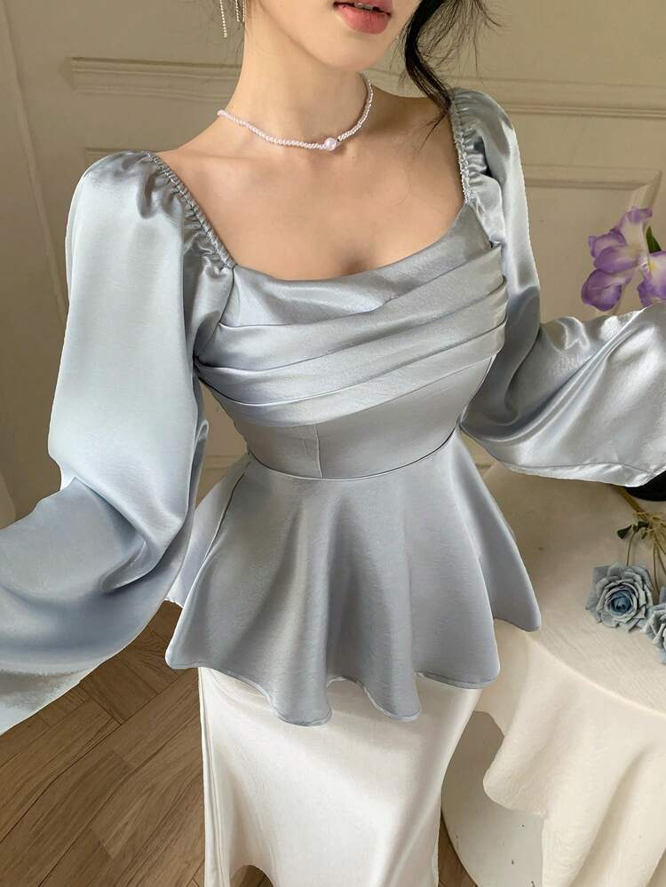 Spring & Summer Satin Solid Blue Puff Sleeve Ruffle Trim Pullover Top, Elegant For Valentine's Day, Wedding, Party, Formal Occasion, Fashion Event, Waist Cinched, Long Sleeve Blouse For Women Babydoll Top