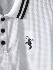 SHEIN 一件青少年男童绅士风白色领刺绣时尚短袖polo衫，绅士套装，商务优雅校园派对日常休闲外套，简约优雅风格 - 白色 - 查看 4