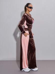 SHEIN ICON بنطلون نسائي كاجوال فضفاض بخصر رباط متباين الألوان - بني - مشاهدة 5