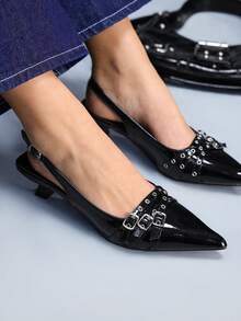 CUCCOO GRLICON Women's Buckle Studded Decor High Heel Pumps - Black - View 4