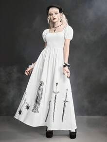 ROMWE Đầm dài in họa tiết búa sao băng, kiếm, dây xích, nĩa theo phong cách Gothic dành cho nữ. - trắng - Xem 8