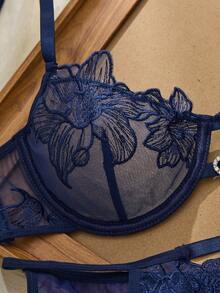 女士花卉刺绣图案水钻装饰吊带文胸和内裤性感日常内衣套装 - 寶藍色 - 查看 5