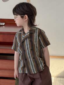 DAZY 男童条纹印花纽扣短袖休闲衬衫 - 棕色 - 查看 3