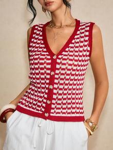 Poéselle Women's Knitted Cardigan, Fashion Spring/Summer New Arrival - Red and White - View 4
