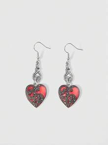 ROMWE 1 Pair Women's Gothic Style Dark Bat & Heart Shaped Alloy Dangle Earrings, Minimalist & Unique For Halloween - Silver - View 1