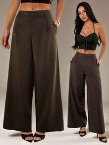 SHEIN PETITE 女士商务休闲裤 女士西式服装 女士阔腿裤 女士办公室服装 宽松裤 专业女士服装 办公室着装 灰色宽松裤 棕色女士裤 女士阔腿裤 女士棕色阔腿裤 高腰裤 女士阔腿裤 - 棕色 - 查看 9