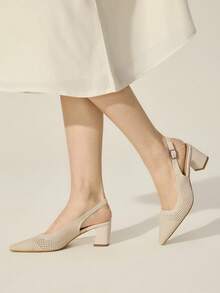 CUCCOO BASICS 女士尖头粗跟中跟米色布面露跟夏季透气春季鞋圣诞节搭扣后带镂空透气通勤鞋 - 米色 - 查看 4