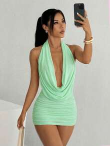 SHEIN EZwear Đầm ngắn màu xanh bạc hà đơn giản với cổ áo xếp ly và gấu váy, đầm xanh gợi cảm. - Màu xanh Bạc hà - Xem 5