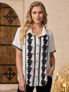 Parysyn 大码梭织休闲夏季短袖衬衫 西式衬衫 西式上衣 女式衬衫 - 杏色 - 查看 5