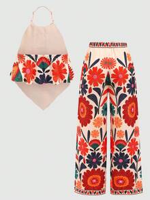 SHEIN Girls' Elegant Casual Vacation Style Spaghetti Strap Loose Tank Top And Wide Leg Pants 2 Pieces Set - Multicolor - View 2