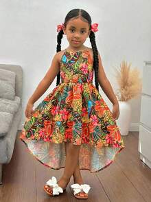 Đầm cổ yếm không tay in hoa tối giản thanh lịch dành cho bé gái - Hồng - Xem 4