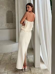 Aloruh 女士优雅收腰纯色亚麻质感无肩带沙滩度假连衣裙 - 卡其色 - 查看 9